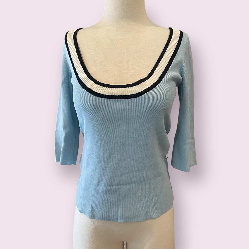 Vintage 90s blue quarter sleeve top with black and white trim
